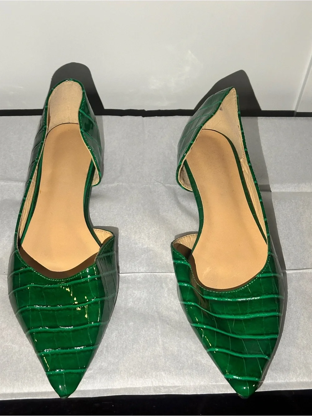 Green Croc-Embossed Pointed Toe D'Orsay Flats